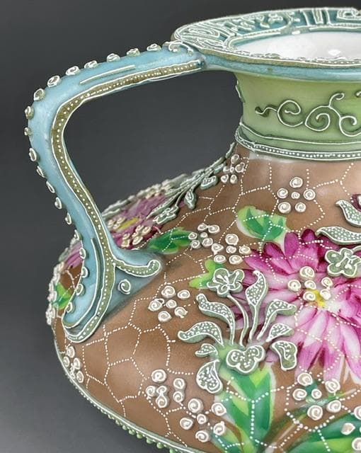 【希少】オールドニッポン 花絵地 一陳盛上げ アールヌーボー様式 花瓶 盛り上げ