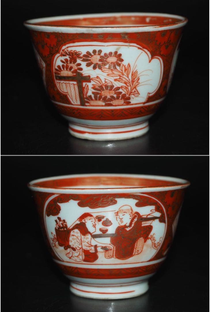 送料無料　明治中期九谷焼　金襴手細密画煎茶碗５客　煎茶道具