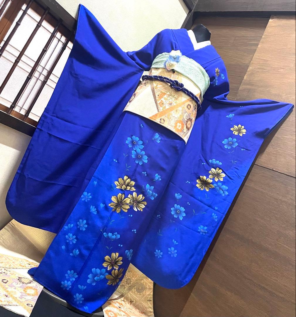 振袖 フルセット6点サイズM〜Ｌ草花文　銀駒彩　正絹