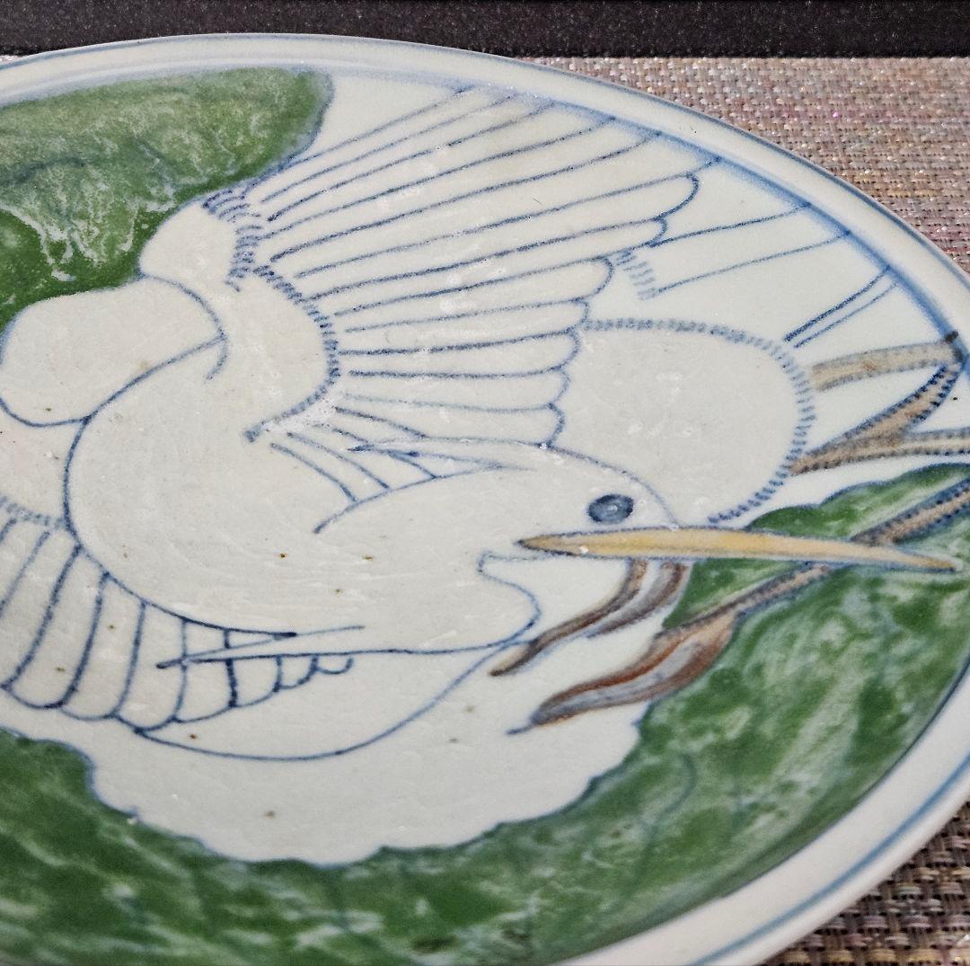 【名品❗】李氏朝鮮時代　朝鮮古美術　朝鮮古陶磁　青華緑釉　水鳥図　22.1cm皿