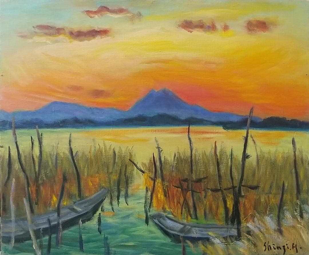 F8 絵画　油絵「水郷風景」1982