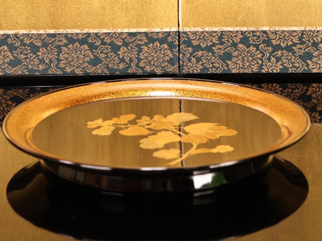 BJ417 時代輪島塗 図替草花金蒔絵 四客 吸物盆 菓子盆 丸盆 大聖寺 梨地