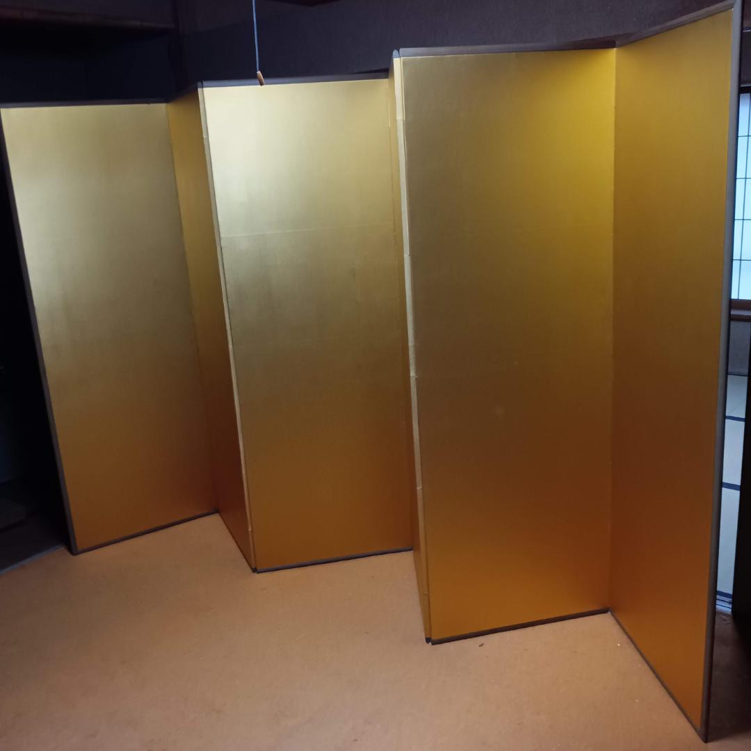 江戸時代風俗図　水墨画＆金屏風セット(175x60cm)X六曲X３枚