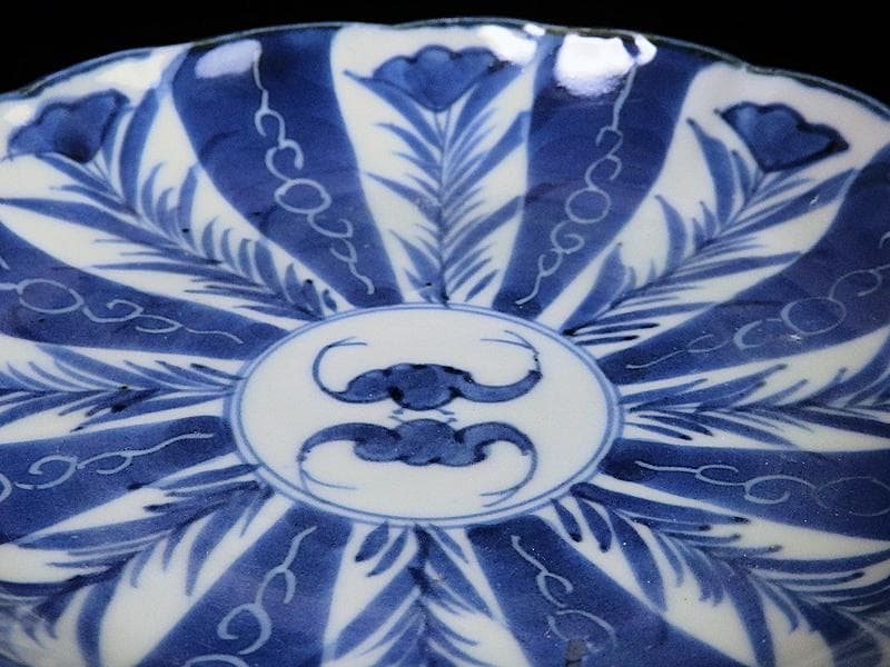 古伊万里　染付　墨弾き　撫子に蝙蝠の図 ５寸半皿　５客　252AS-CAx