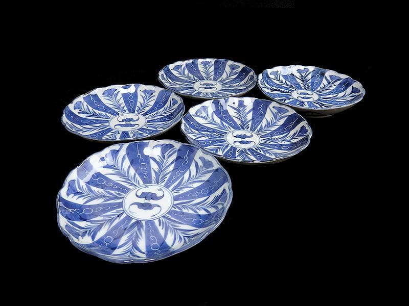 古伊万里　染付　墨弾き　撫子に蝙蝠の図 ５寸半皿　５客　252AS-CAx