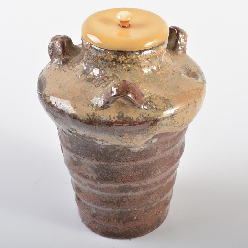 瀬戸焼　古瀬戸　耳付茶入　萬代屋緞子仕覆付　八代一叟宗守極め箱　D　R6241B