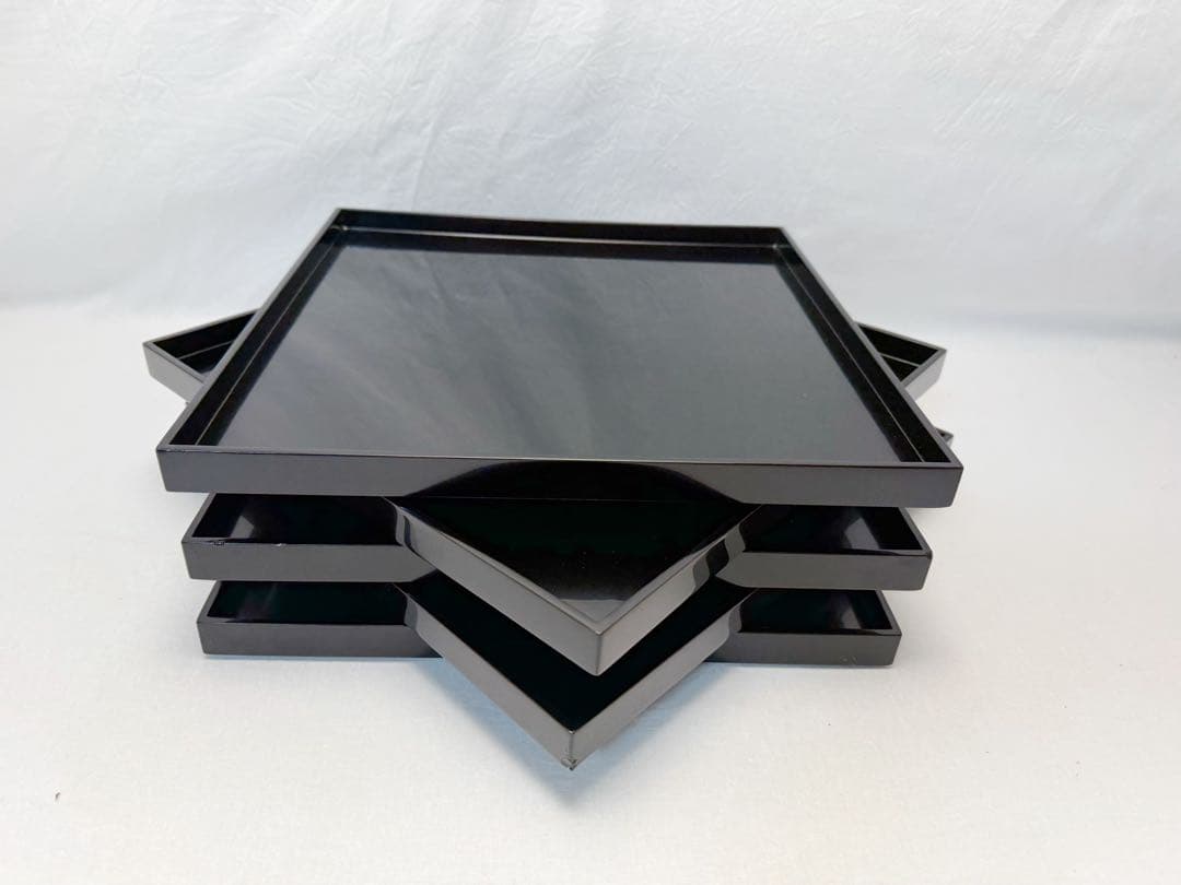 美品 懐石道具 輪島塗り 木製黒真塗 会席膳 四方膳 5客揃 銘々盆