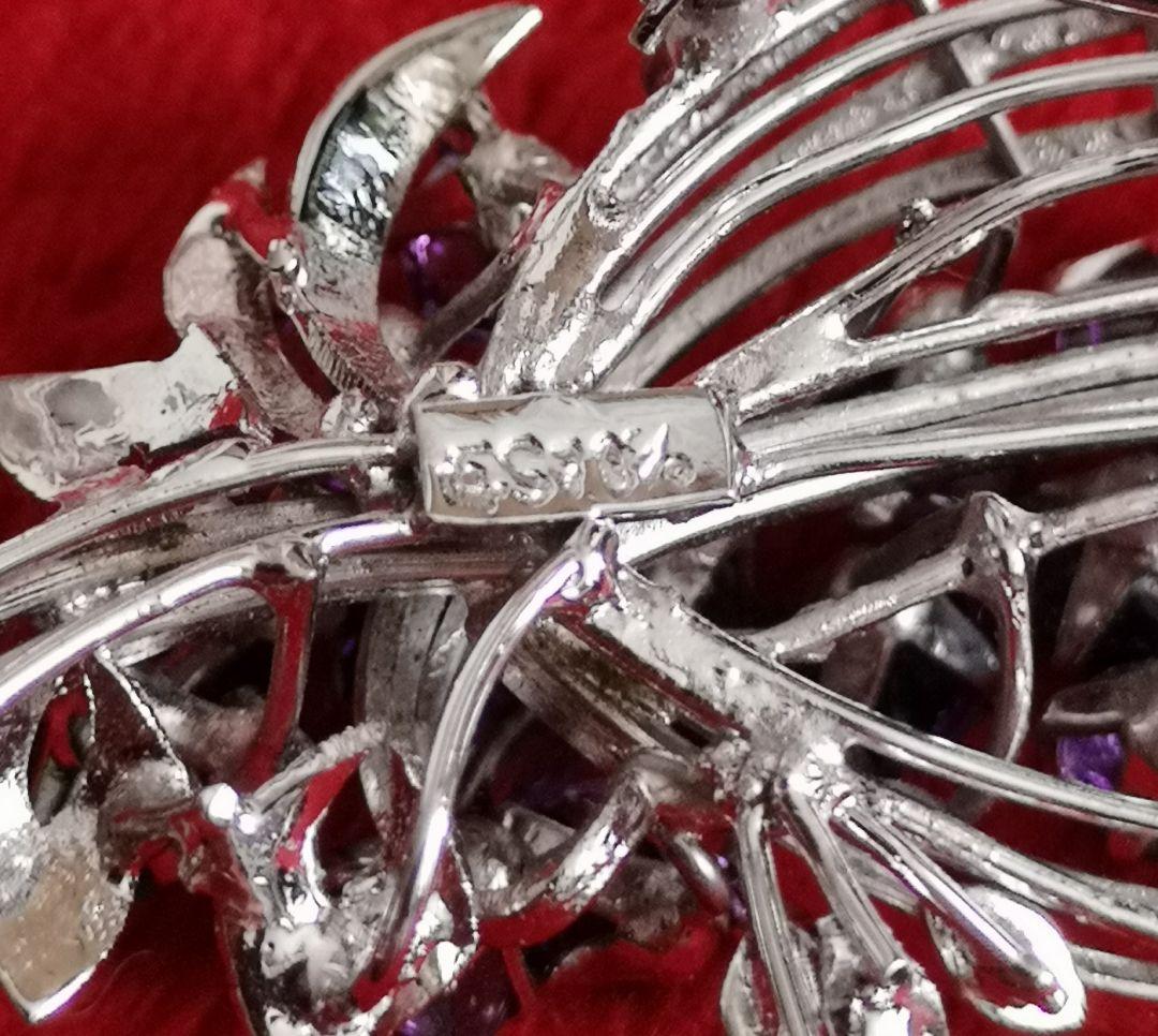 ヴィンテージ ブローチ 天然石 アメジスト 21石 カボッション 刻印入り 4