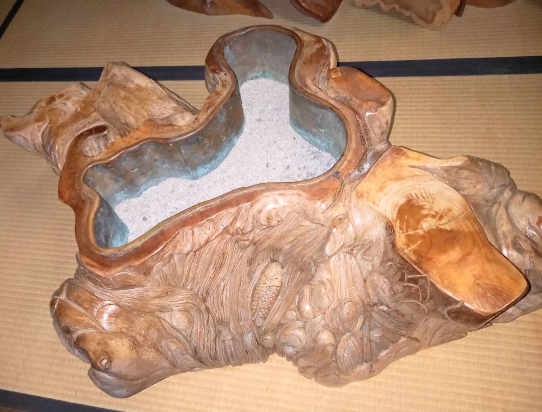 火鉢 彫刻 インテリア装飾 鯉の滝登り 無垢材 一刀彫 欅 地松 国産材