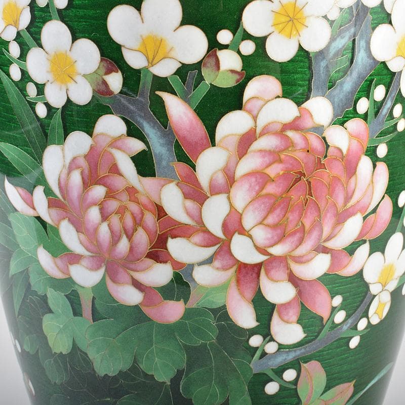 七宝焼　相互七宝造　緑光釉四君子文　七宝花瓶　唐木台付　共箱　D　R6973B