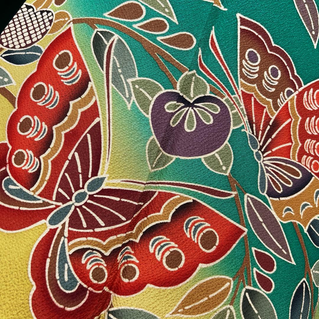 355振袖フルセット 正絹 緑 黒 グリーン 型染め 暈し染め きものやまと誂え