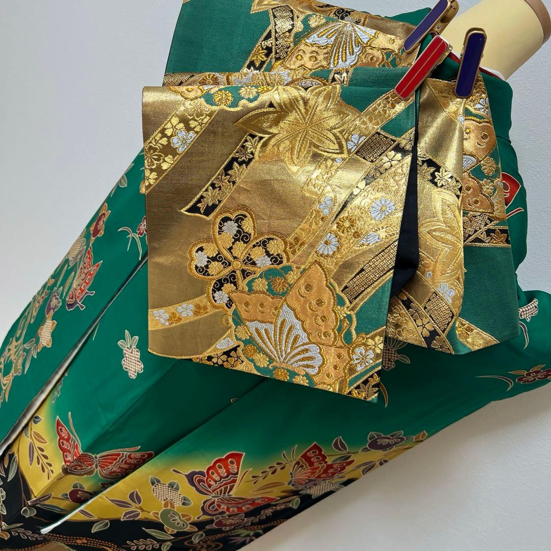 355振袖フルセット 正絹 緑 黒 グリーン 型染め 暈し染め きものやまと誂え
