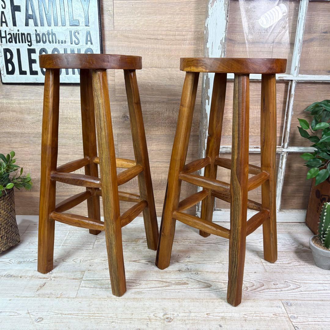 てら⭐︎オールドチーク天然無垢材丸ハイスツールカウンターチェア二点セット