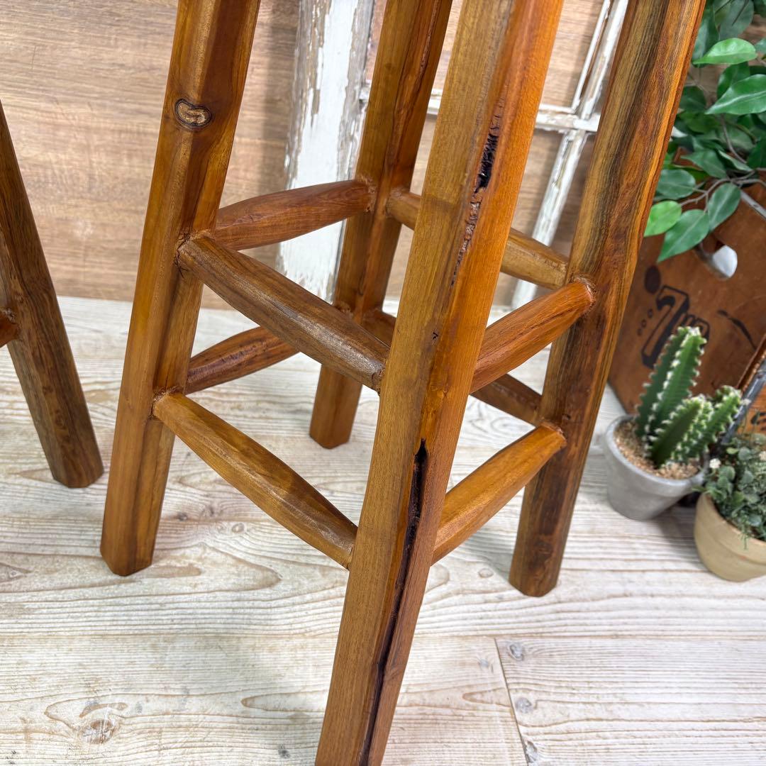 てら⭐︎オールドチーク天然無垢材丸ハイスツールカウンターチェア二点セット