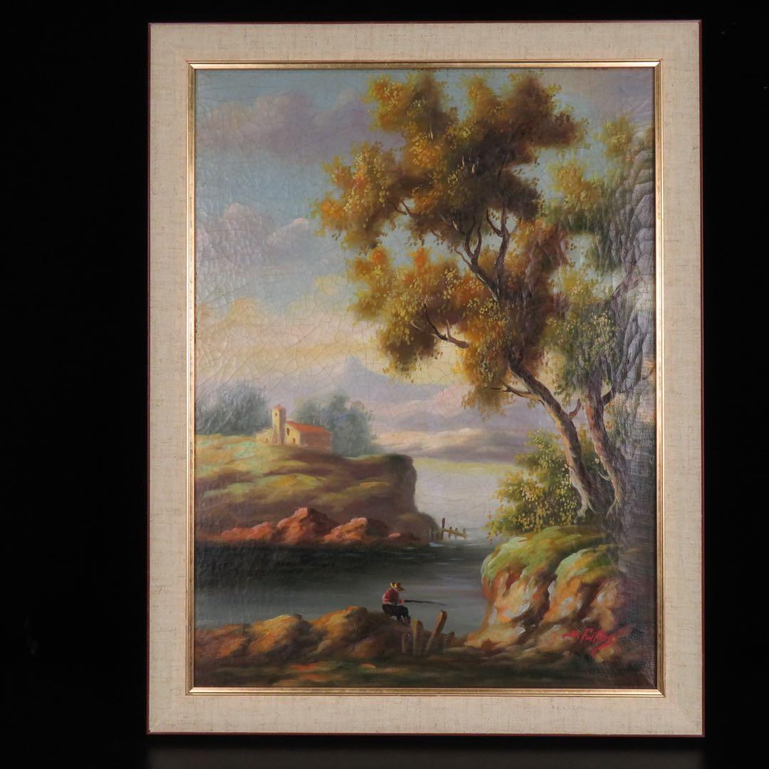 作者不明 肉筆 油彩画 印象派風 風景画 釣りをする男性
