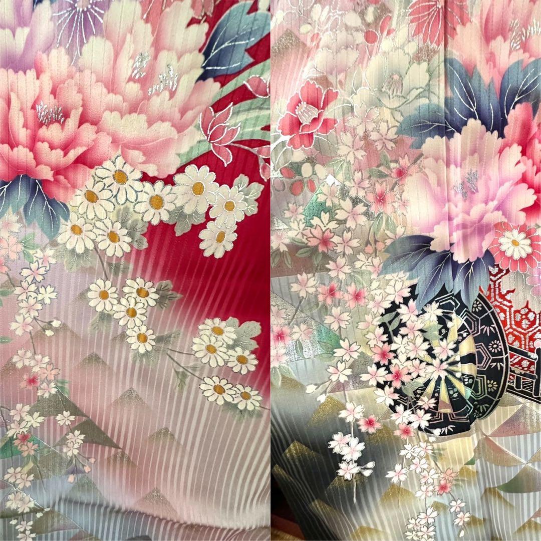 振袖一式 杉本幸田郎 振袖+帯3枚+長襦袢2枚 身丈150㌢ 赤 枝垂れ桜 箱付