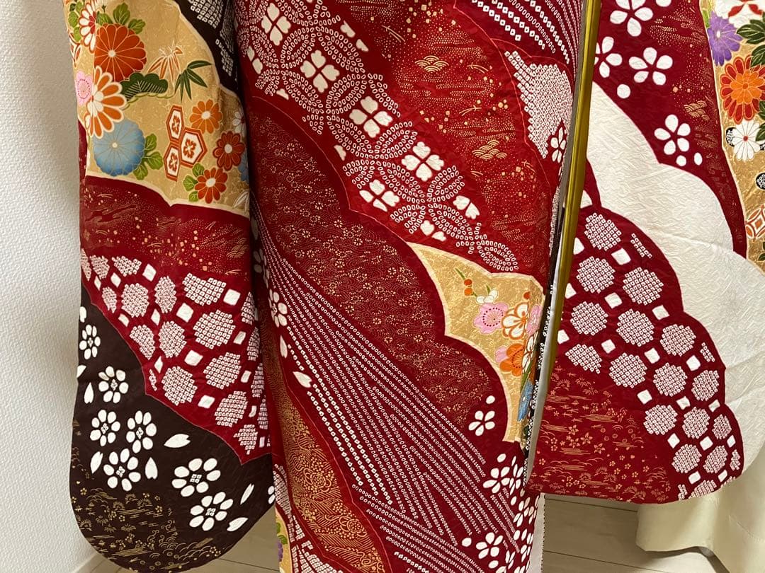 上質！赤の部分絞り正絹振袖 全て揃ったフルセット Mサイズ