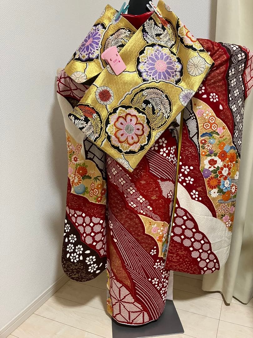 上質！赤の部分絞り正絹振袖 全て揃ったフルセット Mサイズ