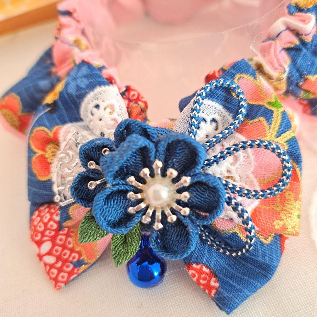 短毛シュシュ和風つまみ細工(青)わんちゃん猫ちゃん用