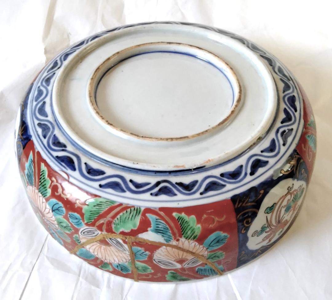 陶器 大深鉢(小) 荒波に獅子・牡丹・鳳凰 色絵 二重鉢揃い Ab-319