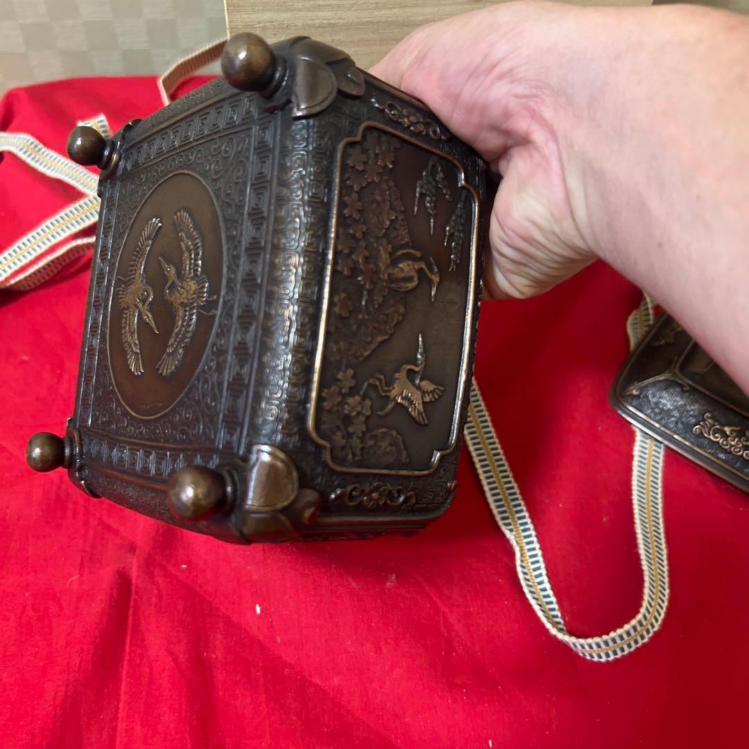 未使用品　蝋型鋳銅香炉 共箱 銅製 鷺花鳥文 供箱