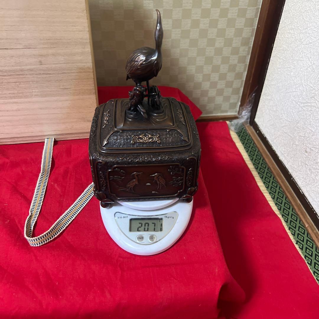 未使用品　蝋型鋳銅香炉 共箱 銅製 鷺花鳥文 供箱