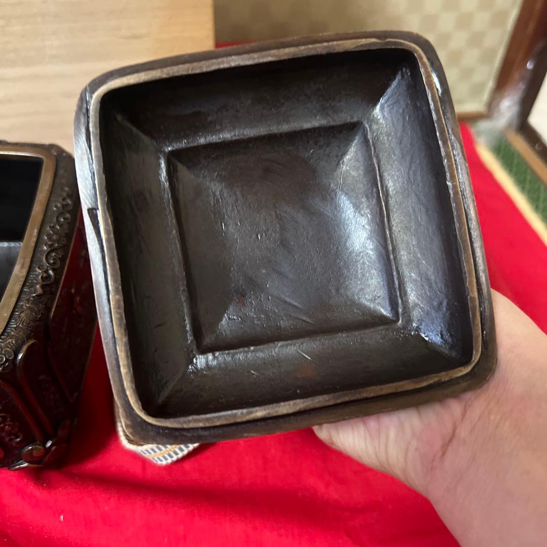 未使用品　蝋型鋳銅香炉 共箱 銅製 鷺花鳥文 供箱