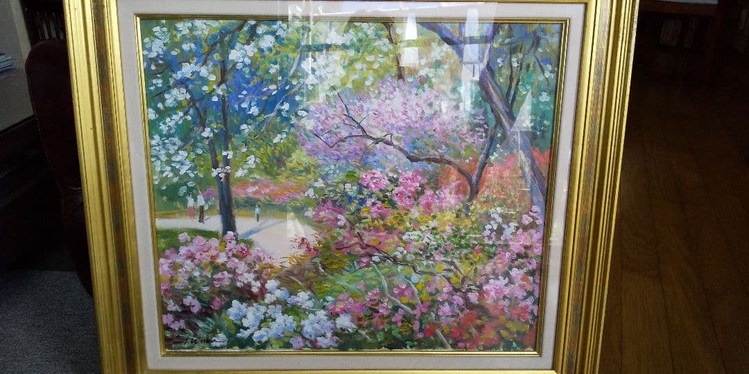 絵画 油絵 ワベ・シゲヨシ 春の花　真作保証　油彩画　桜　スプリング