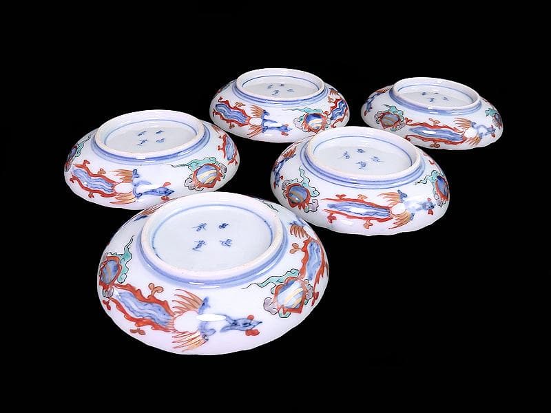 古伊万里　金襴手　鳳凰に花の図　４寸皿　５枚 　C237AS-COr