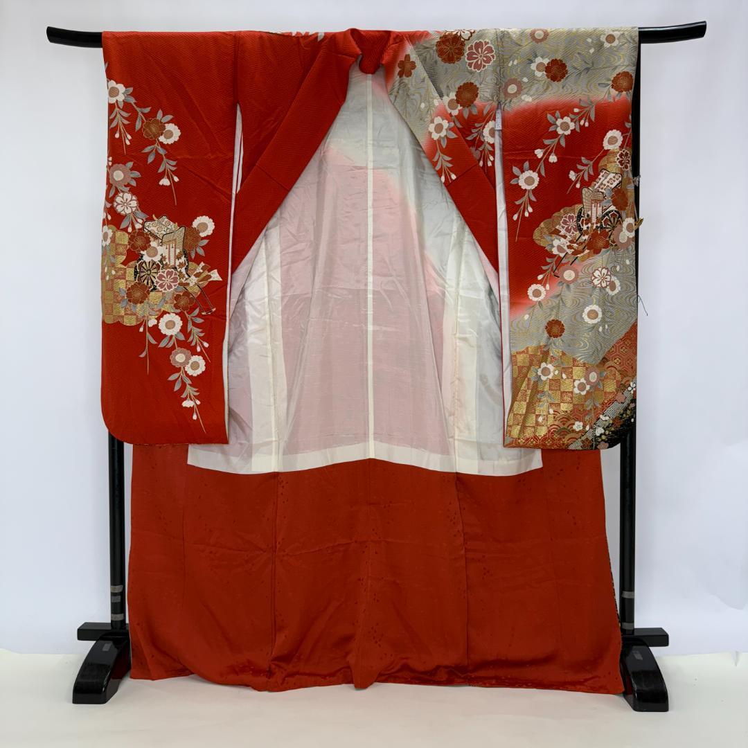 振袖フルセット 朱色 グレー 成人式 草履バック付 裄66cm S-211