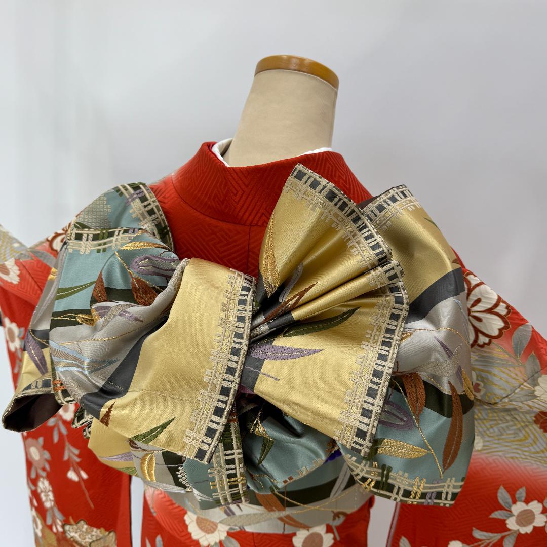 振袖フルセット 朱色 グレー 成人式 草履バック付 裄66cm S-211