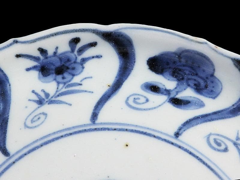 古伊万里　染付　なずな紋　霊芝紋の図　６寸皿　E611 AS-CQo