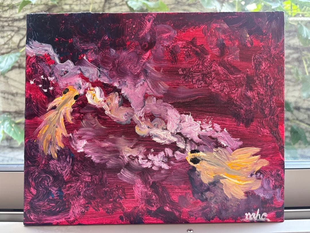 抽象的な油彩画 魚の描写　“遡上する金魚”