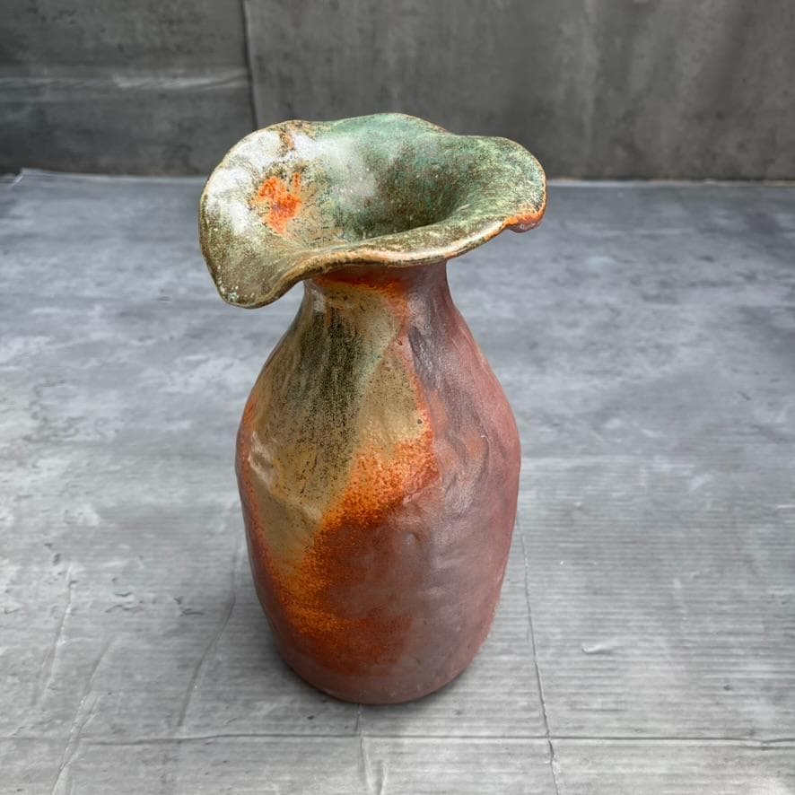 【備前焼】矢部篤郎 1点モノ 希少 花瓶 一輪挿しオレンジ 緑 陶芸品 陶器