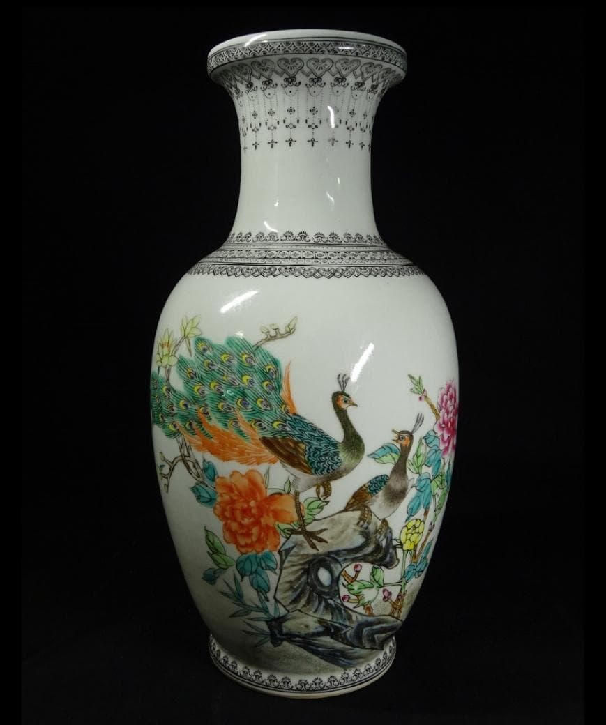 中国古玩 景徳鎮製 孔雀漢詩文大花瓶 高約36cm 時代物 粉彩 c100902