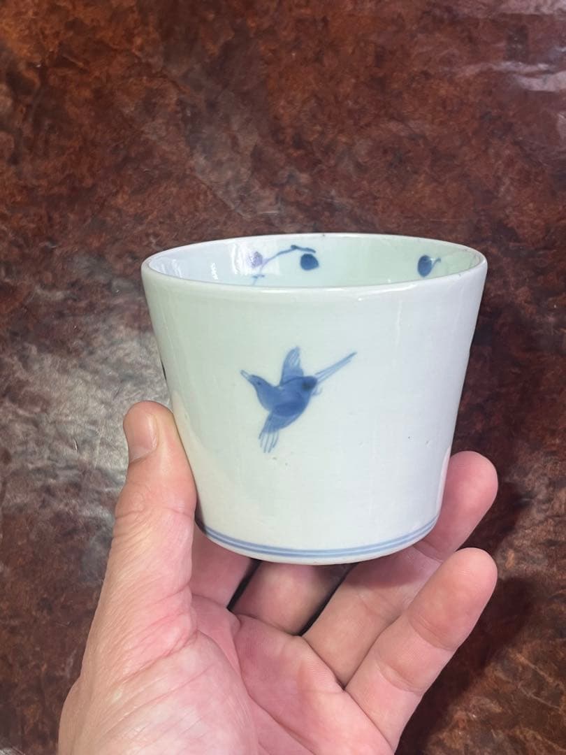 古伊万里　蕎麦猪口　そば猪口　兜　梅　鳥　染付