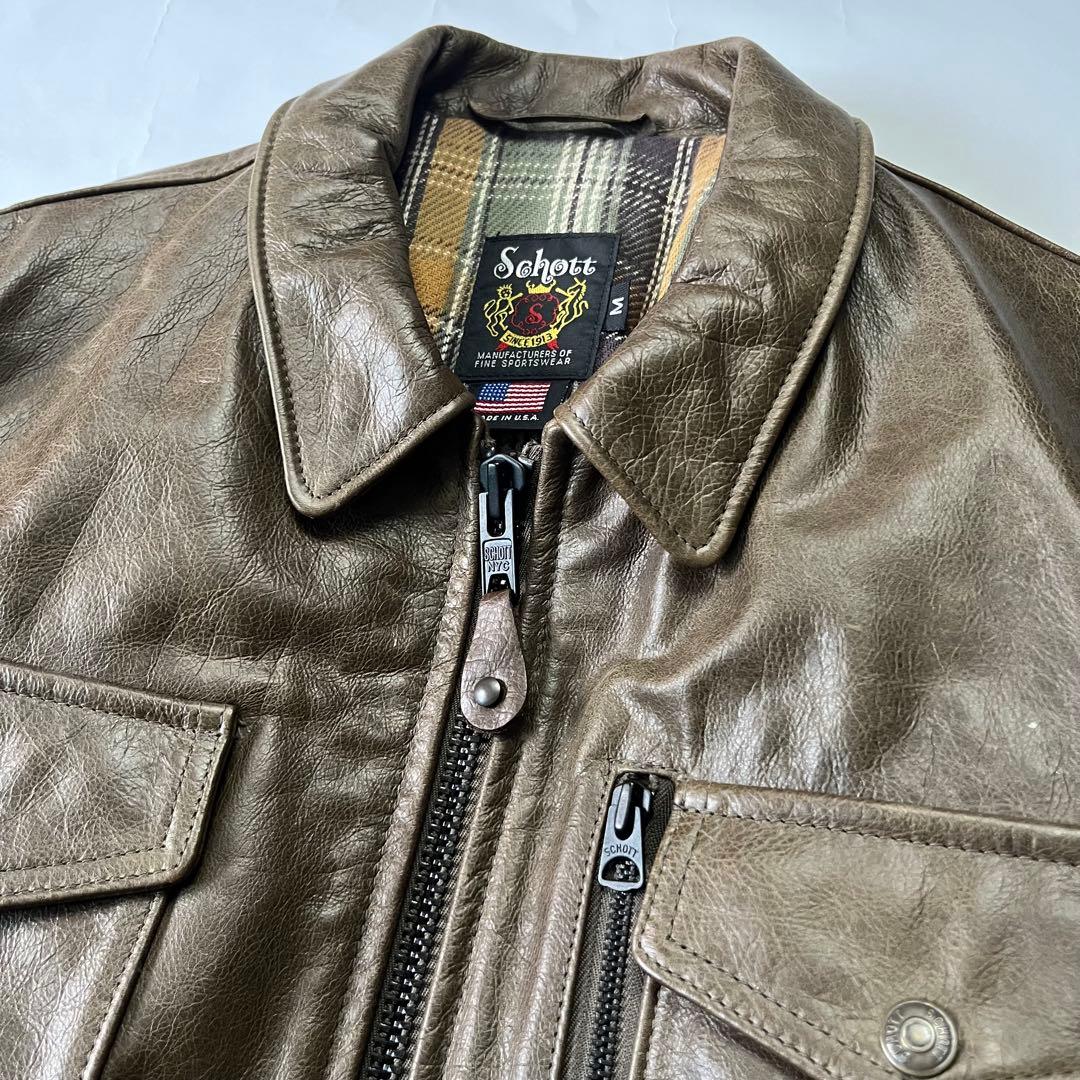 usa製 ショット レザージャケット 牛革 チェック 裏地 ブラウン 茶色 M