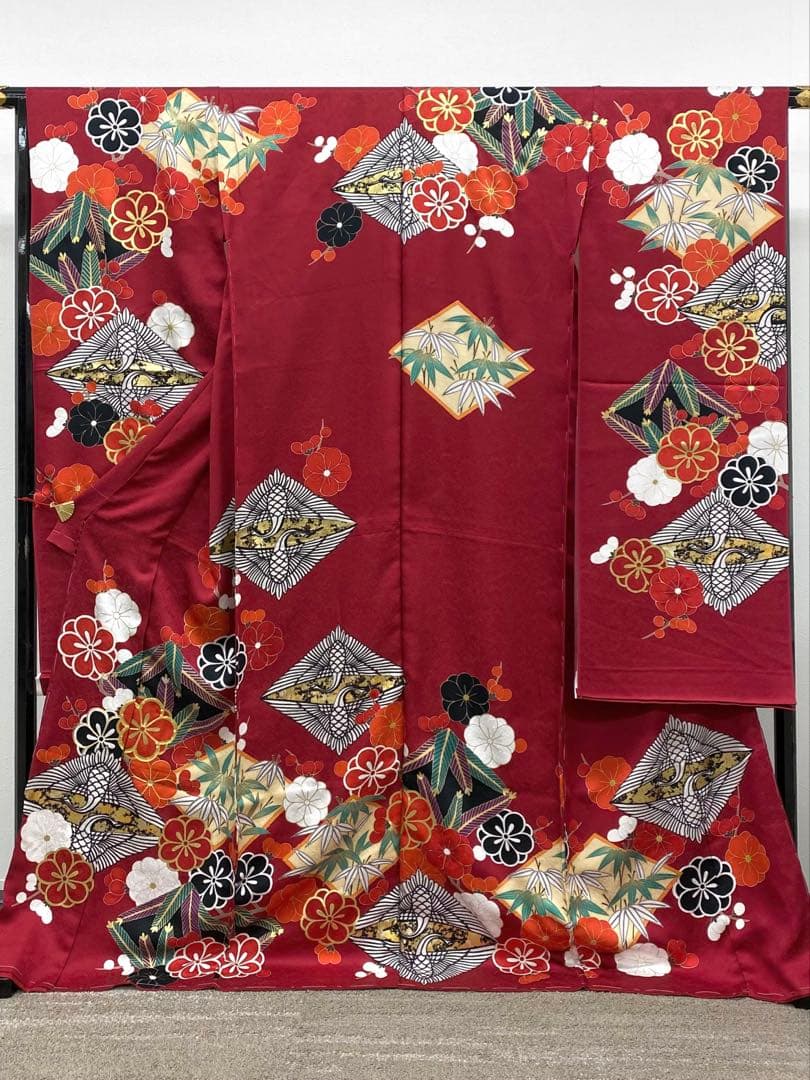 振袖 仮絵羽 舞台衣装 金駒 金彩 紋意匠 松竹梅に鶴 正絹 未仕立て品 八掛付