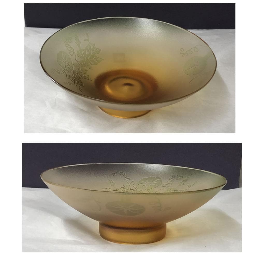 e2986 ガラス 平茶碗 在銘 朝顔図 アサガオ 抹茶碗 硝子 茶碗 茶道具