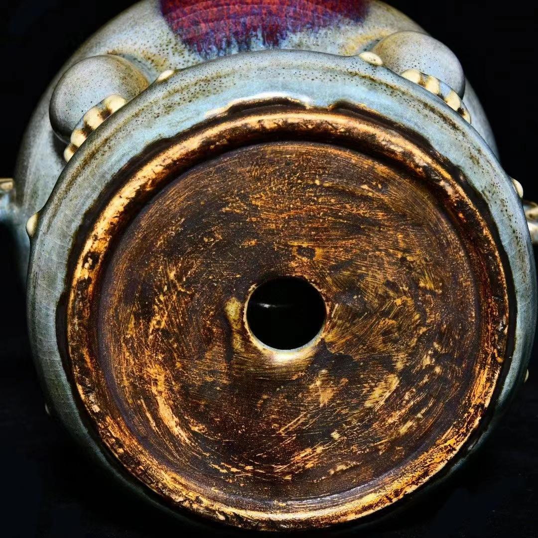 中国古美術・旧蔵の磁器、曜変釉と鎏金で口と双耳香炉・20x28cm・茶道具・置物