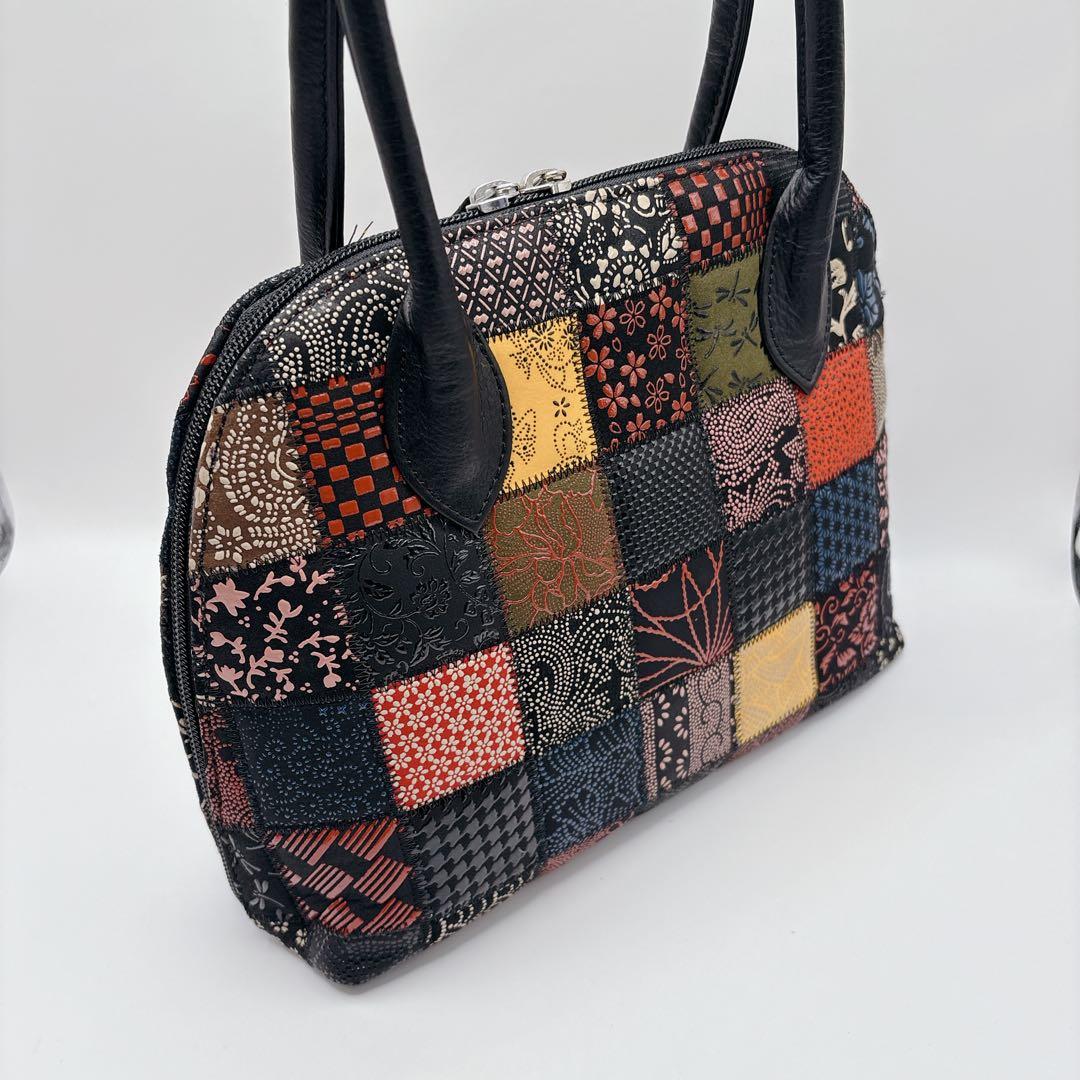 未使用級 印傳屋 印伝 パッチワークハンドバッグ JRA公認 鹿革 長財布付き