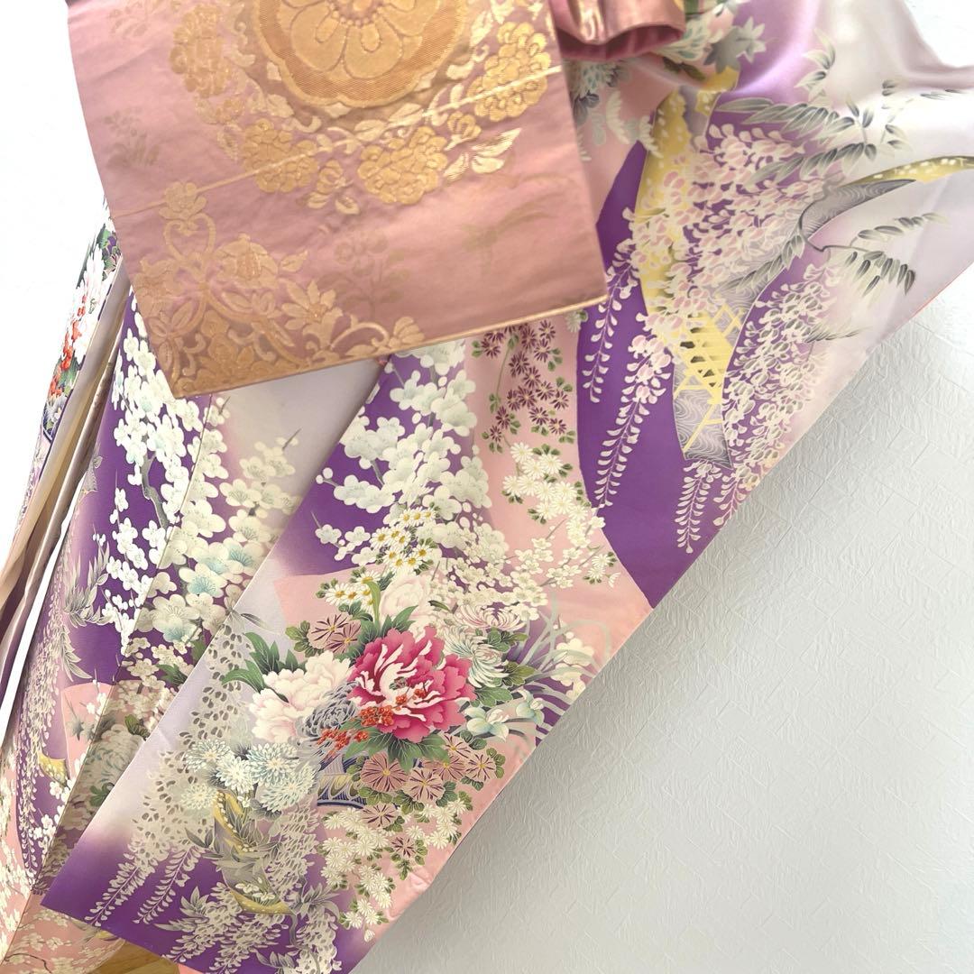 473 振袖フルセット 正絹 薄紫 桃 ピンク 金彩 駒刺繍 暈し染め お上品