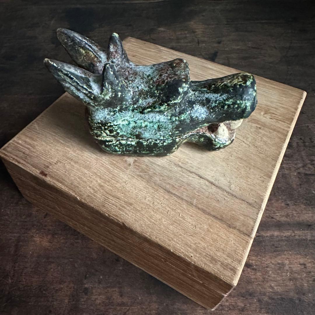 【珍品】美濃焼 織部焼 香道具 龍の頭型香合  龍頭香合 陶印あり 骨董