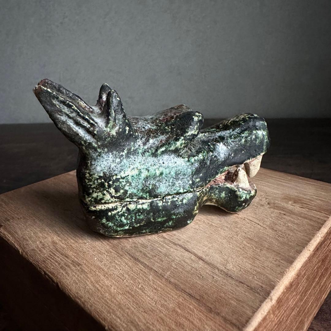 【珍品】美濃焼 織部焼 香道具 龍の頭型香合  龍頭香合 陶印あり 骨董