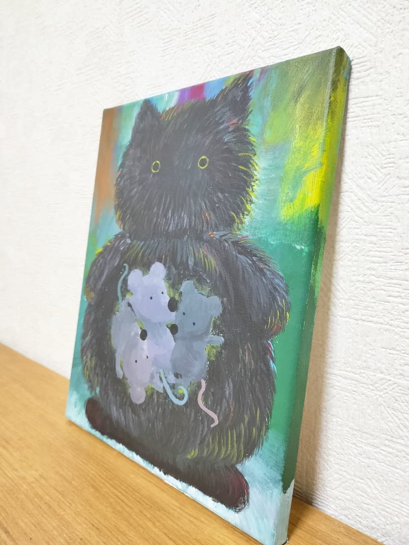 アクリル画 絵画 【黒猫のおなかのなか】額縁なし