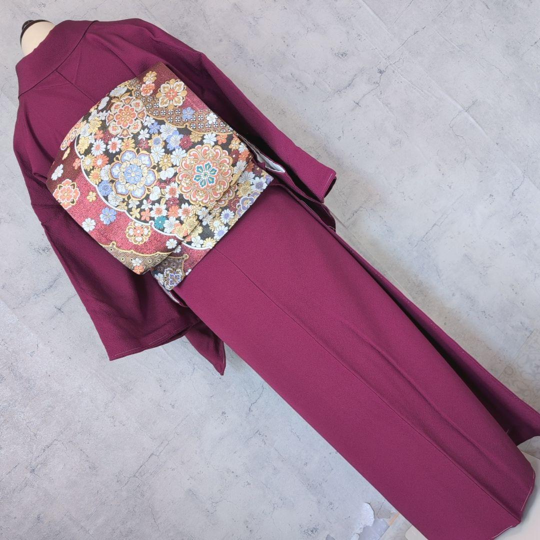 色無地　着物　フルセット　正絹　マゼンタ　赤紫　しつけ糸　O10