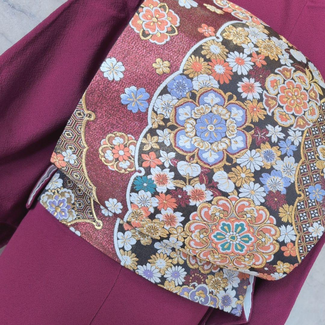 色無地　着物　フルセット　正絹　マゼンタ　赤紫　しつけ糸　O10