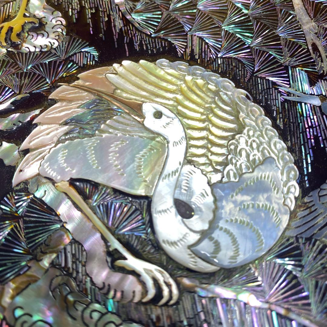 螺鈿細工，八角形 漆器 菓子器 鶴と松のデザイン