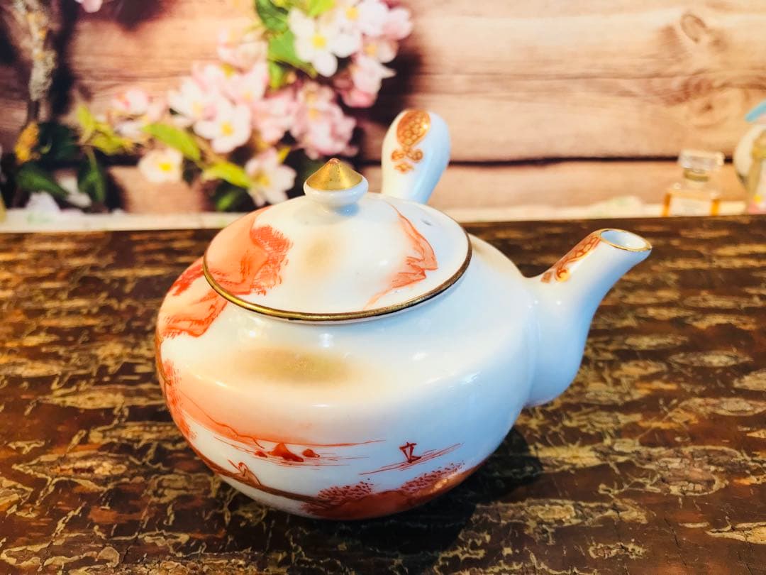 稀少 時代古物 古九谷 赤絵 金彩山水閣楼紋 煎茶器 急須/煎茶碗/湯冷 5点