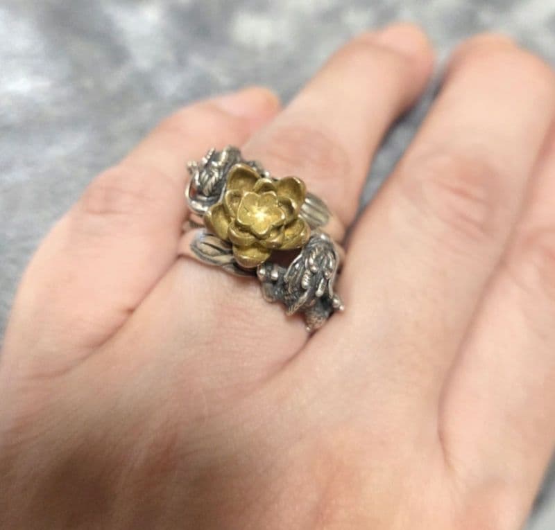 ☆かすう工房☆睡蓮リング&ドラゴンリング☆3点セット　花　龍　竜　和風